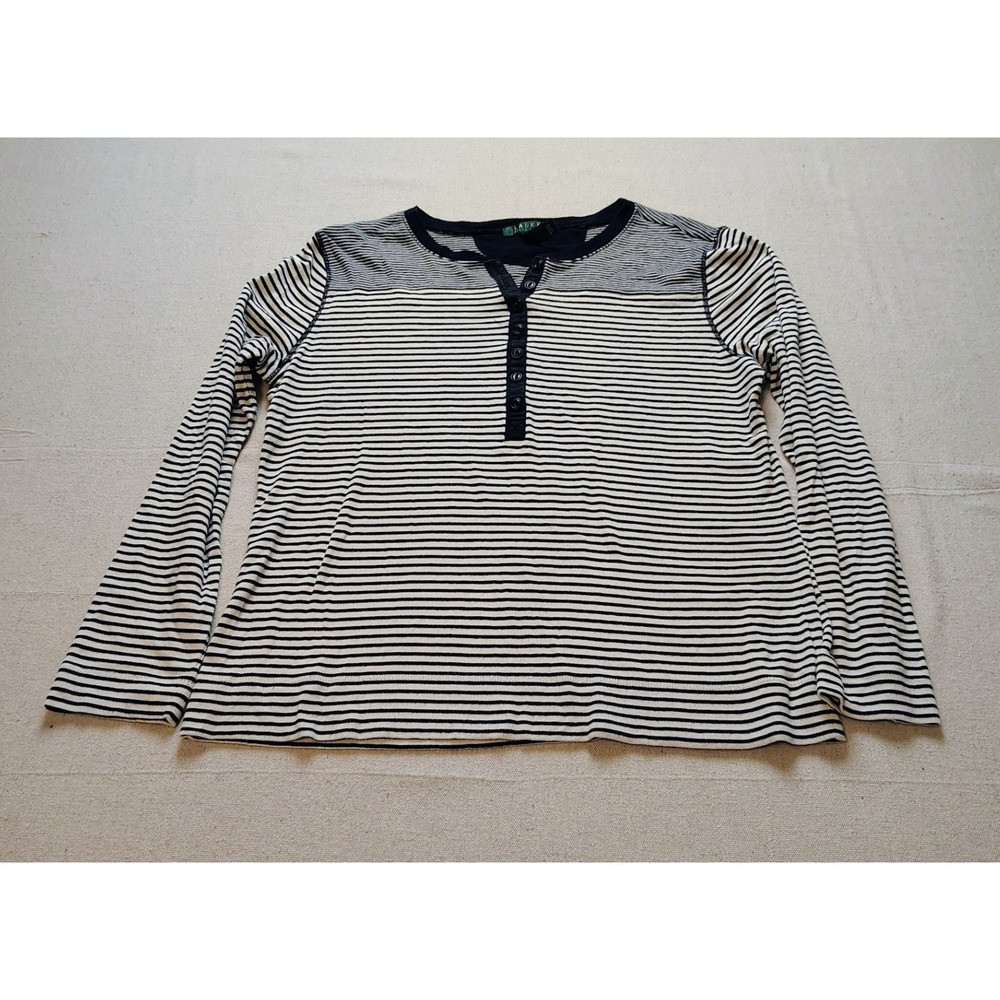 Lauren Ralph Lauren Womens Black White Striped Cotton Henley Long Sleeve L 21